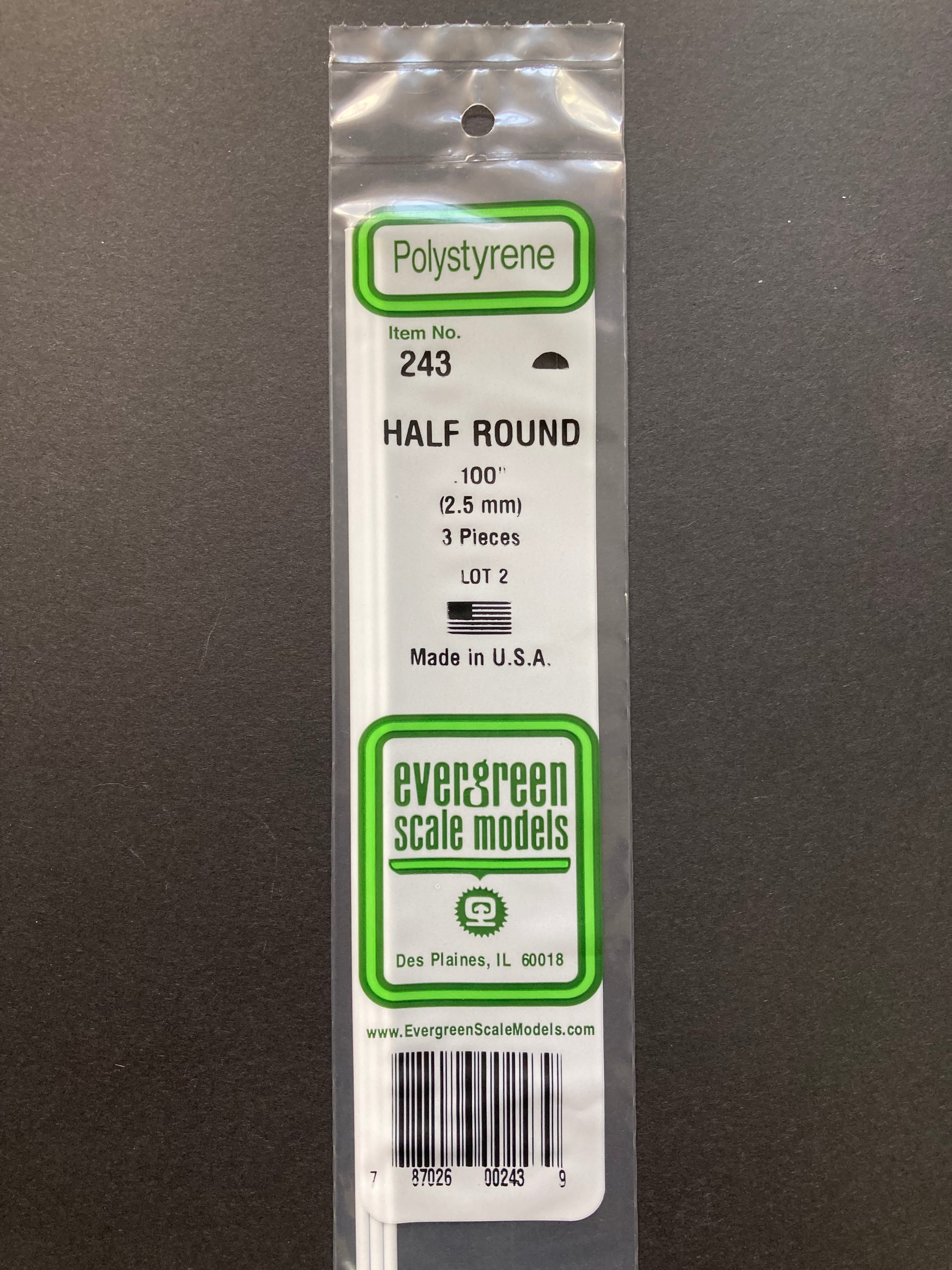 2.5 mm Opaque White Polystyrene Half Round Strips (3 Pieces) Item No: 243