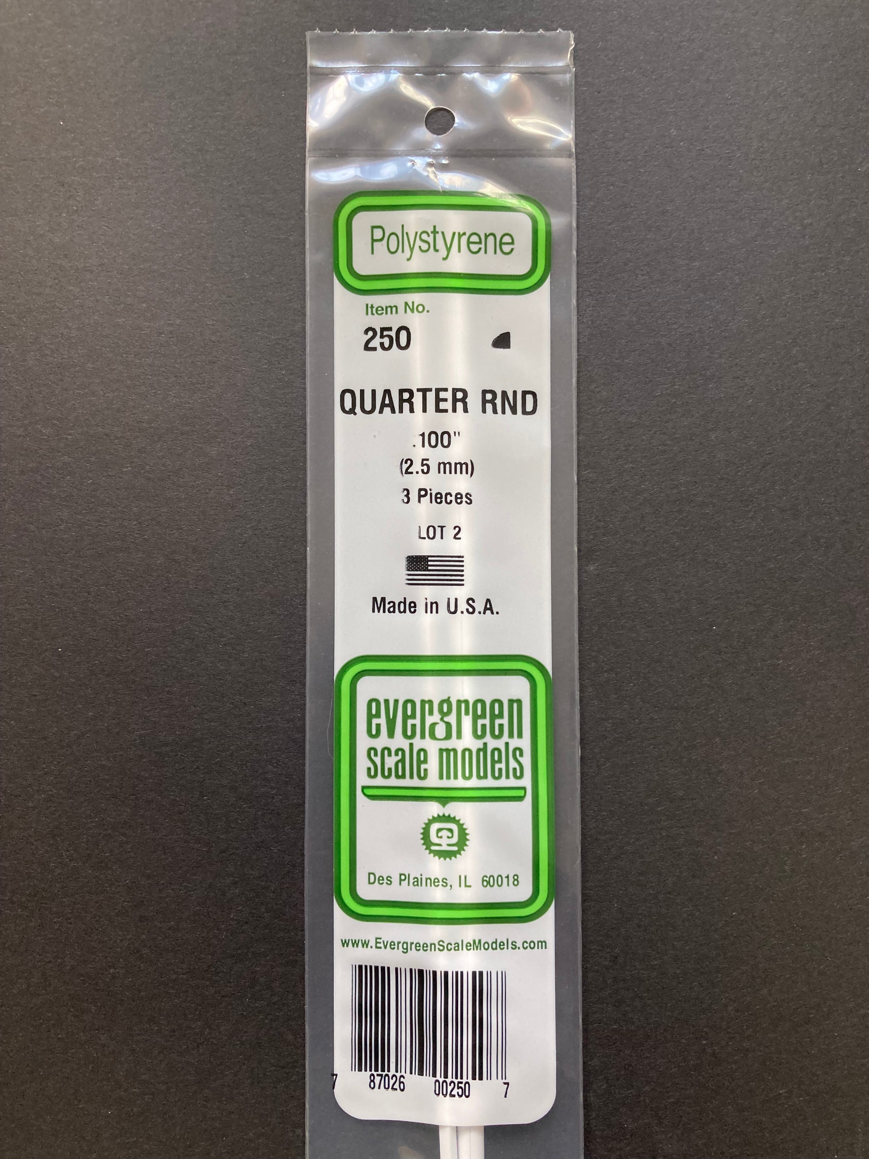 2.5 mm Opaque White Polystyrene Quarter Round Strips (3 Pieces) Item No: 250