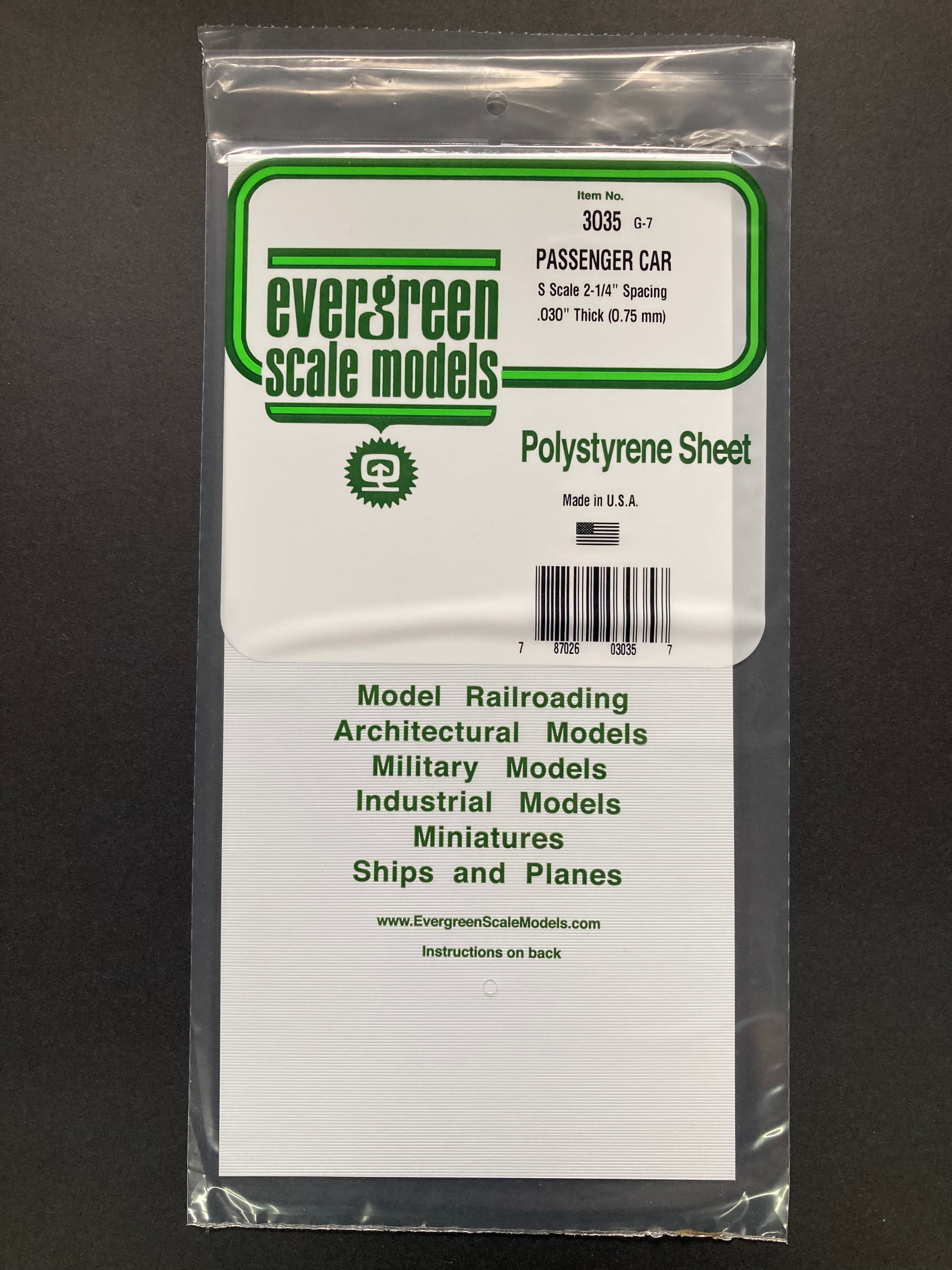 S Scale (1:64) 2-1/4" Spacing Opaque White Polystyrene Passenger Car Siding Sheet (1 Piece) Item No: 3035