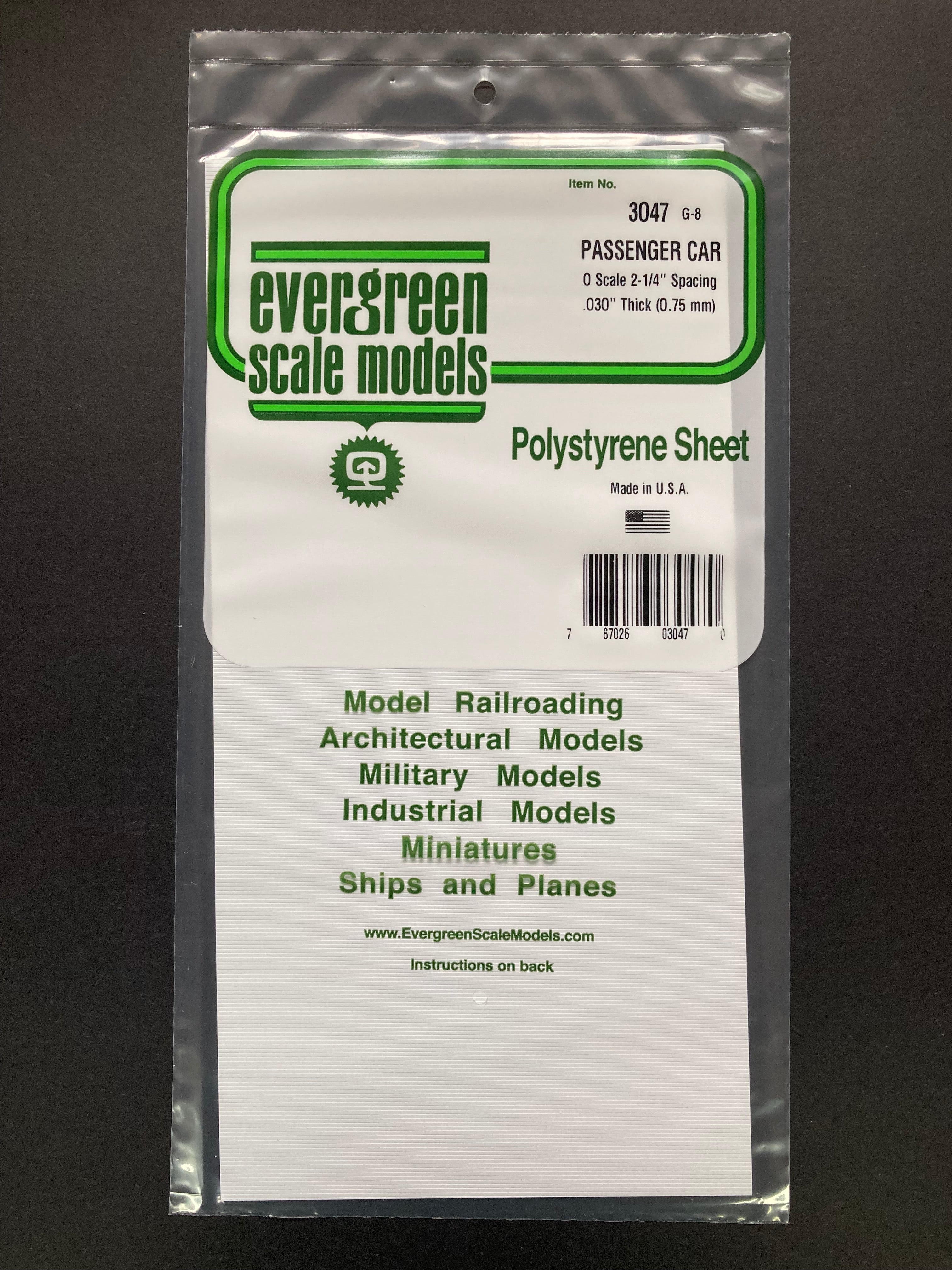 O Scale (1:48) 2-1/4" Spacing Opaque White Polystyrene Passenger Car Siding Sheet (1 Piece) Item No: 3047