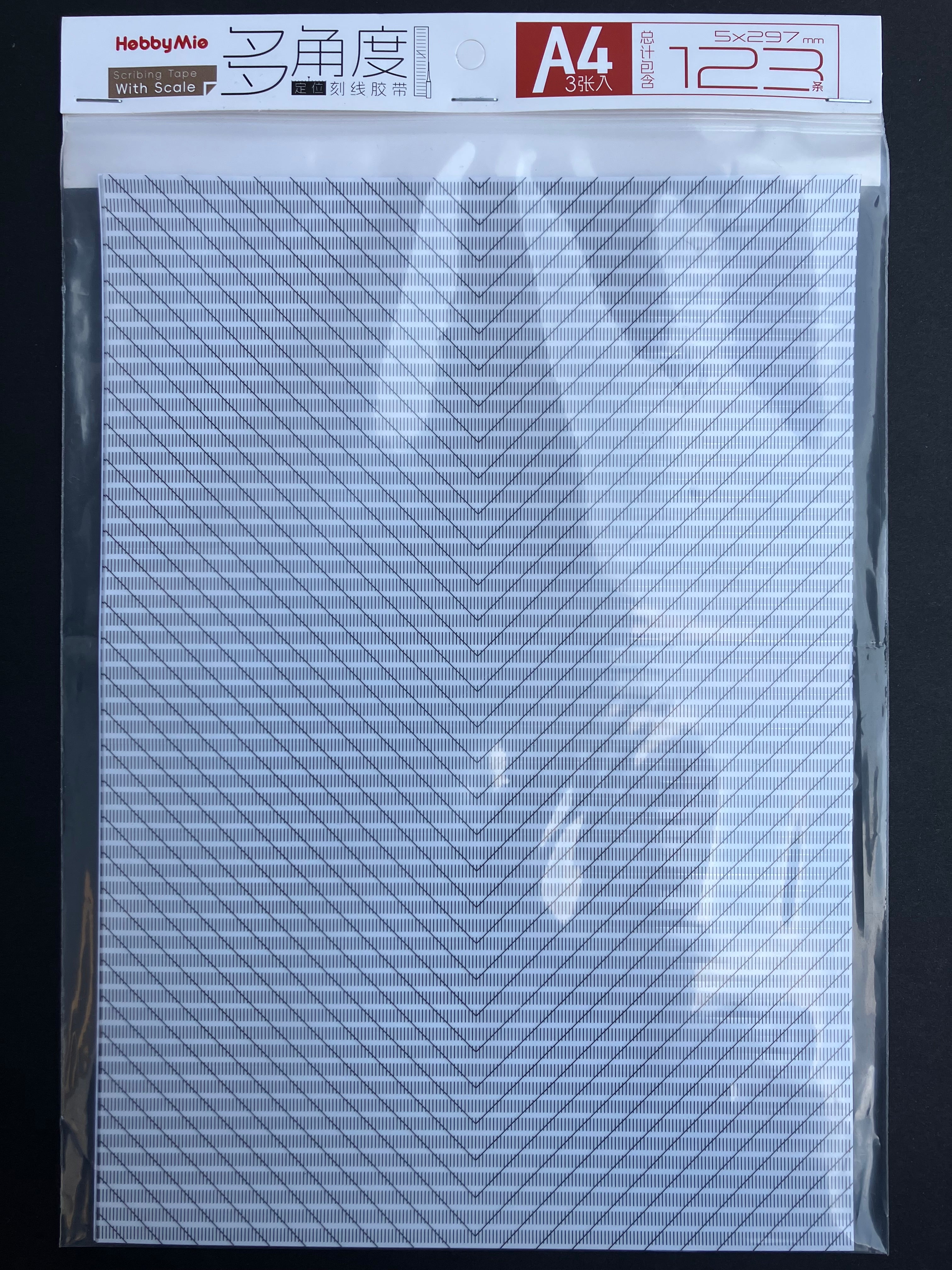 Scribing Tape with Scale (A4 Sheet Size) 模型專用多角度定位刻線膠帶 (3 張入) 5 x 210 x 297 mm