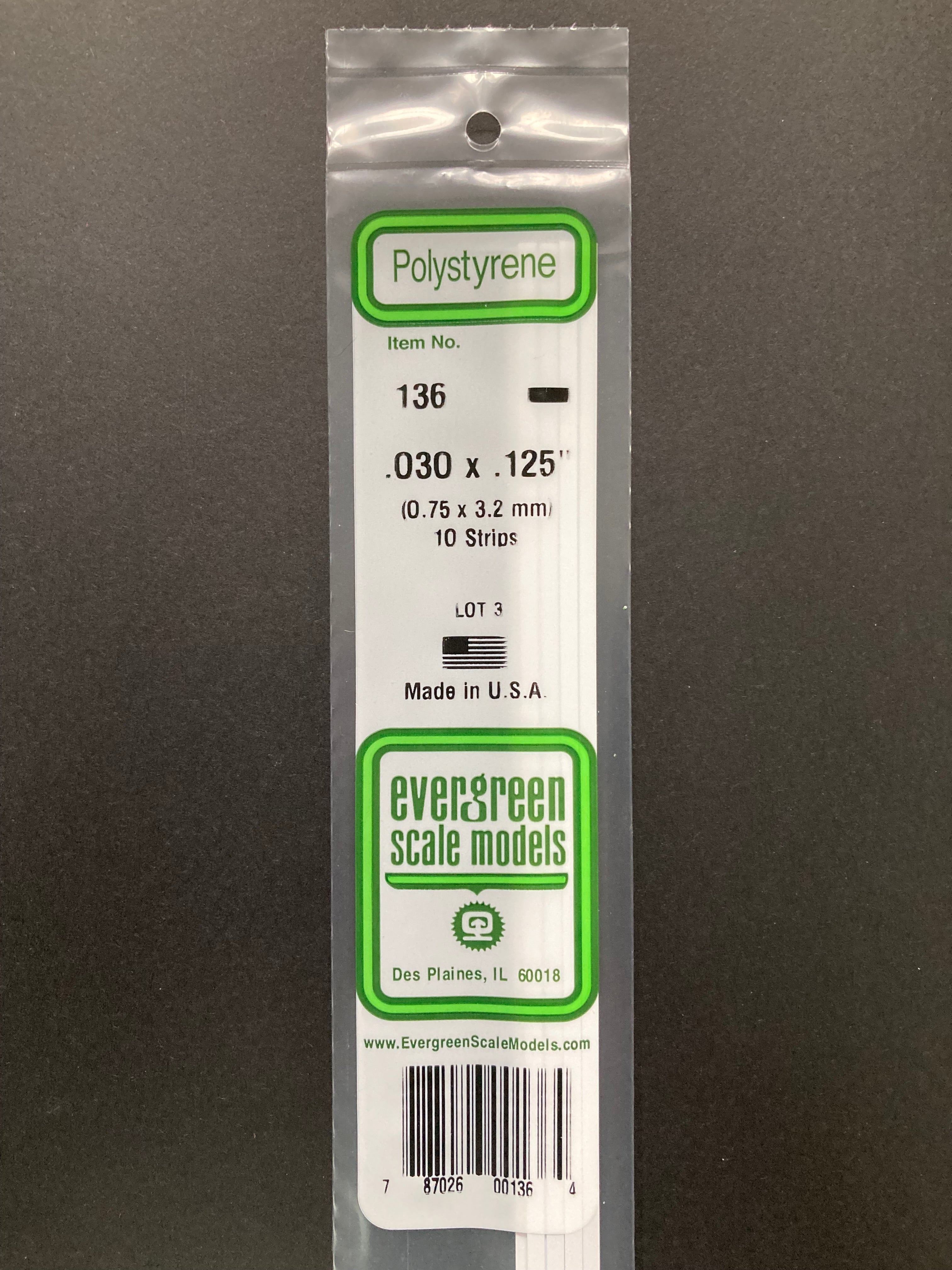 0.75 x 3.2 mm Opaque White Dimensional Polystyrene Strips (10 Strips) Item No: 136