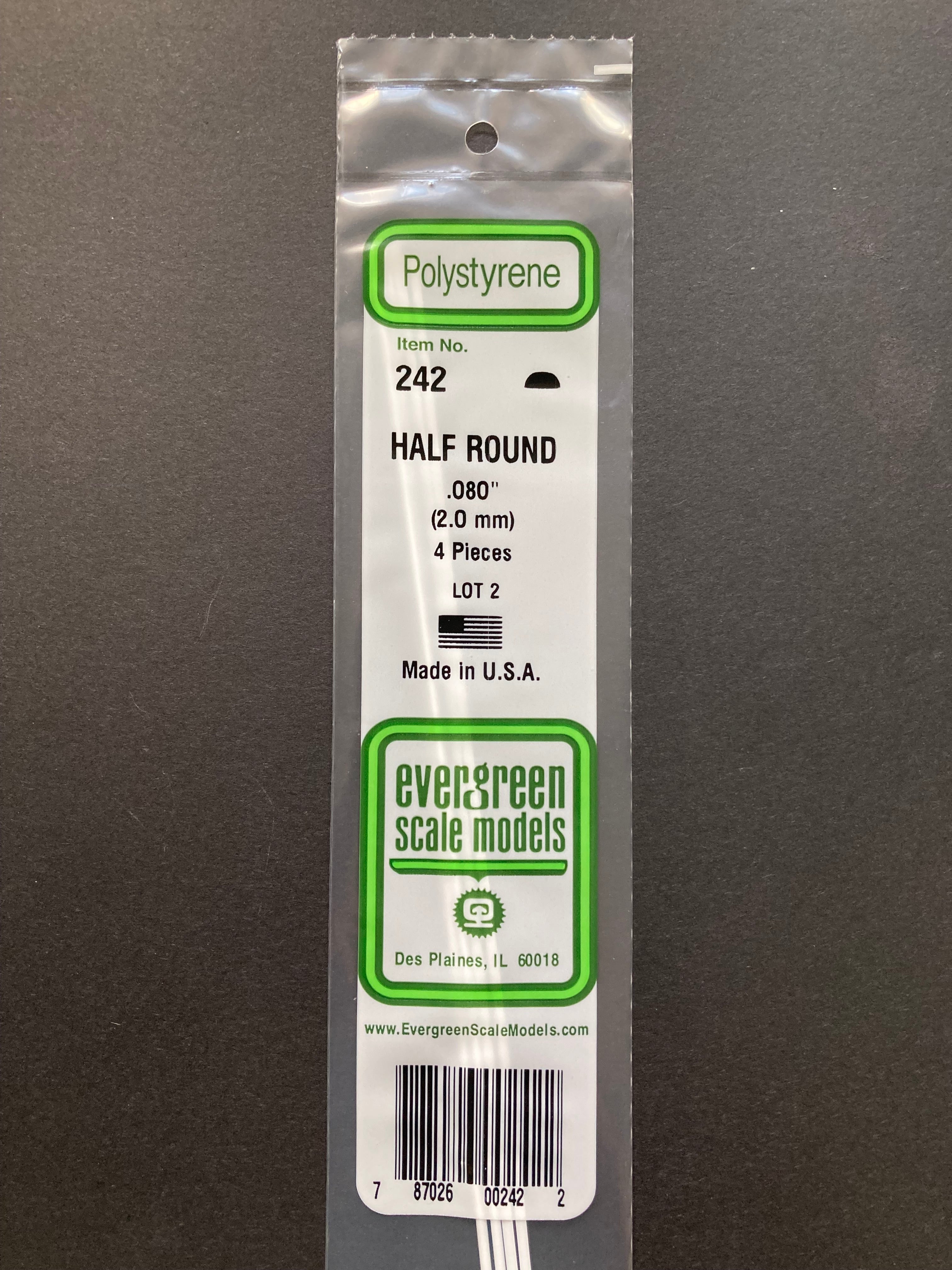 2.0 mm Opaque White Polystyrene Half Round Strips (4 Pieces) Item No: 242