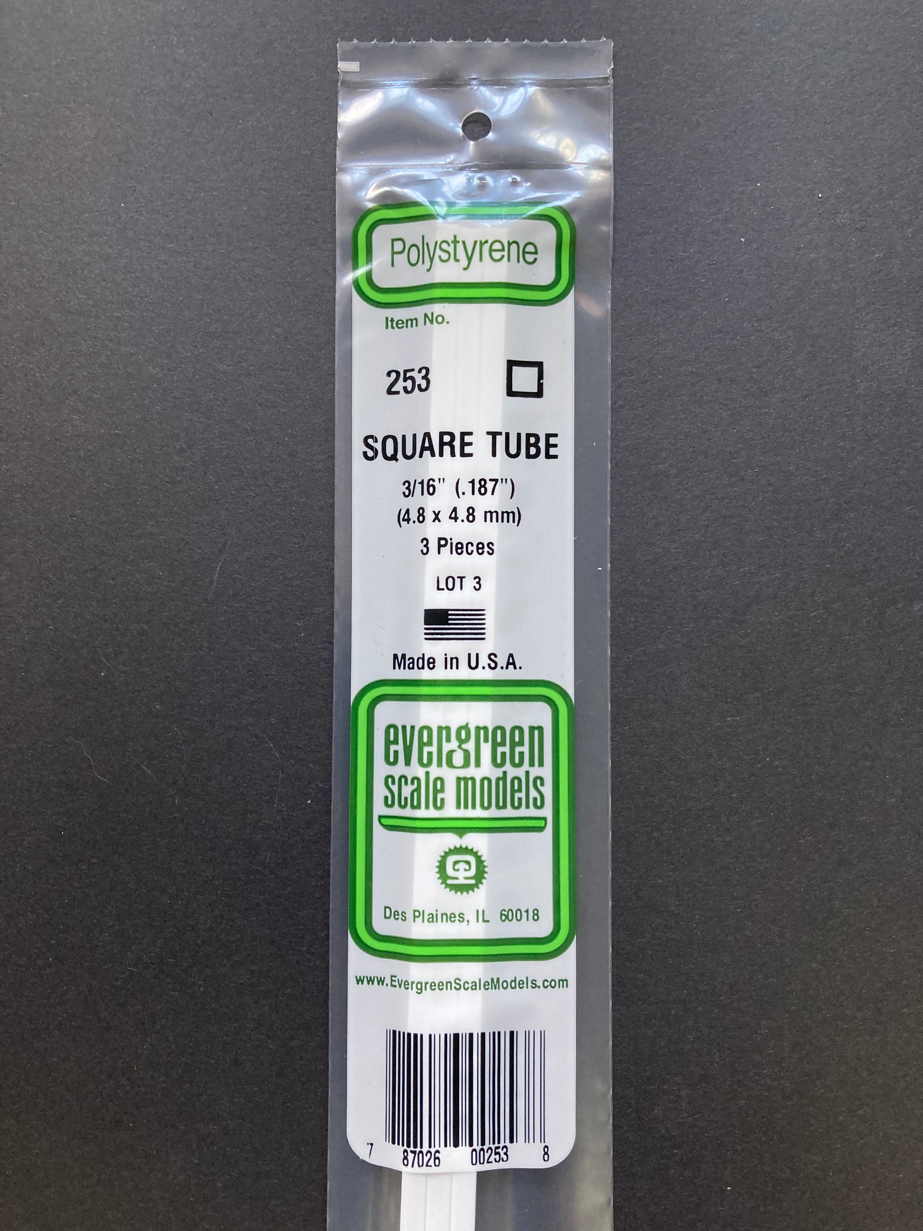 4.8 x 4.8 mm O.D. Opaque White Polystyrene Square Tubing (3 Pieces) Item No: 253