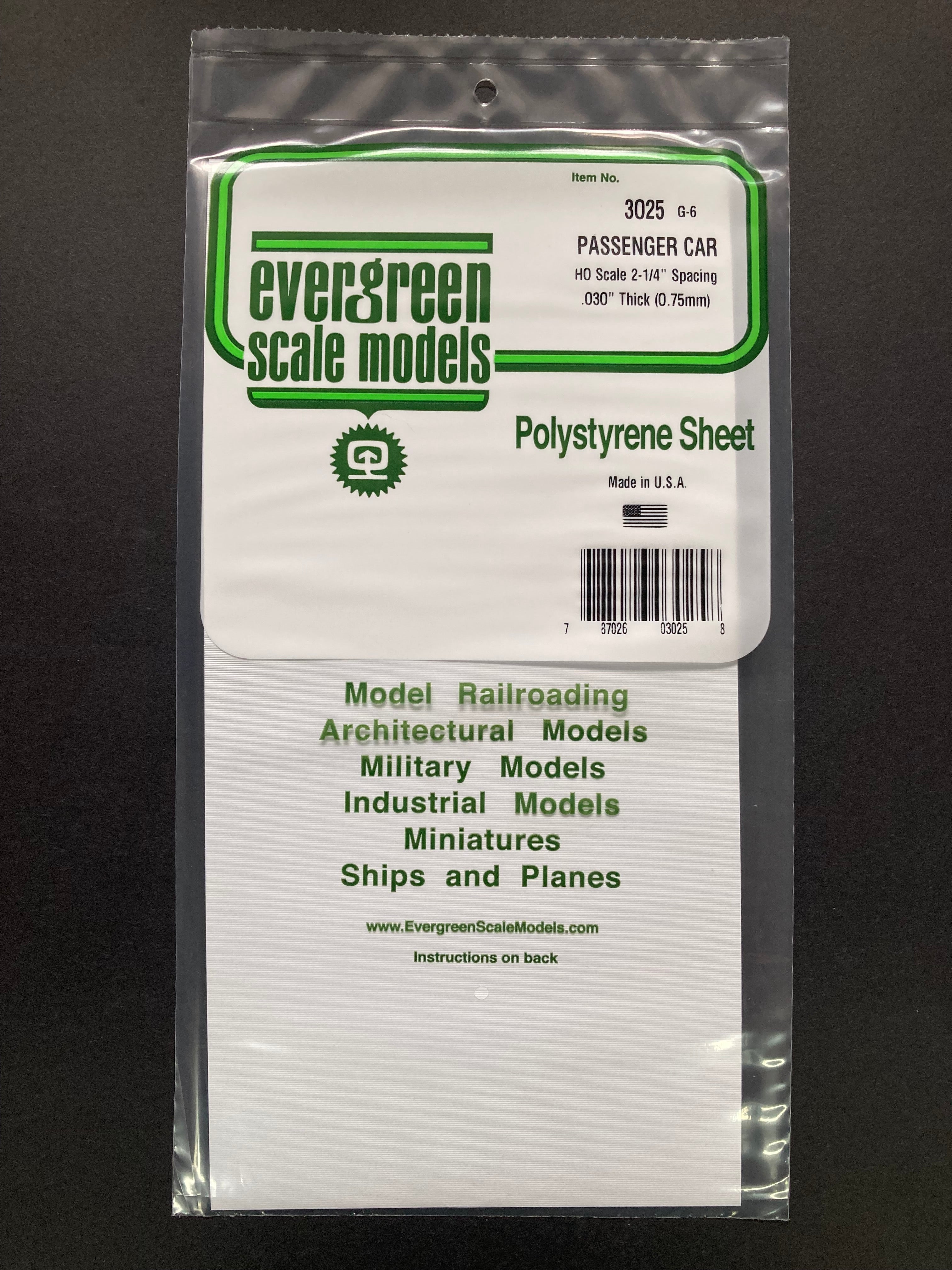 HO Scale (1:87) 2-1/4" Spacing Opaque White Polystyrene Passenger Car Siding Sheet (1 Piece) Item No: 3025