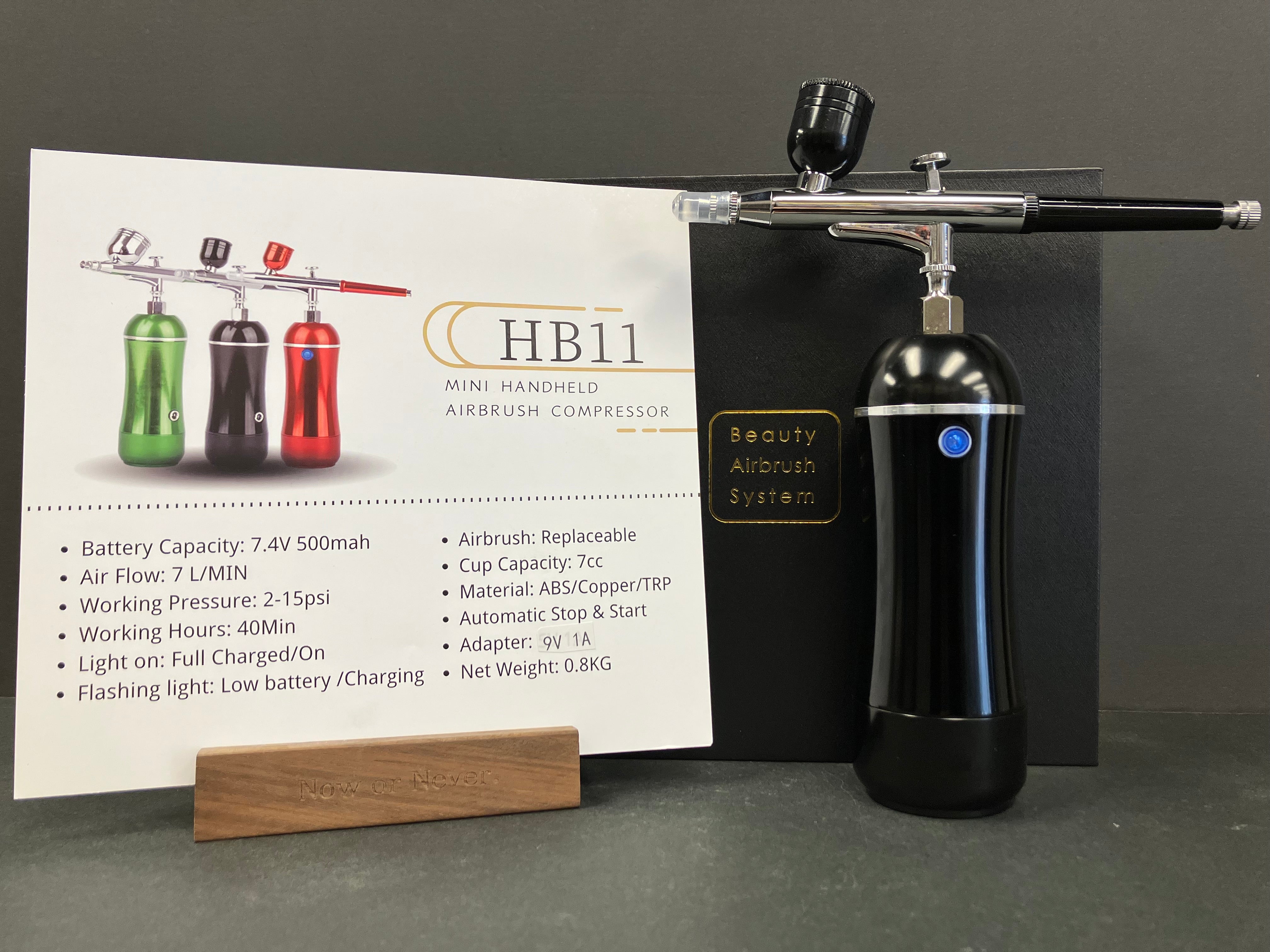 Mini Handheld Compressor with 0.3 mm Dual Action Airbrush Signature Black Version HB11