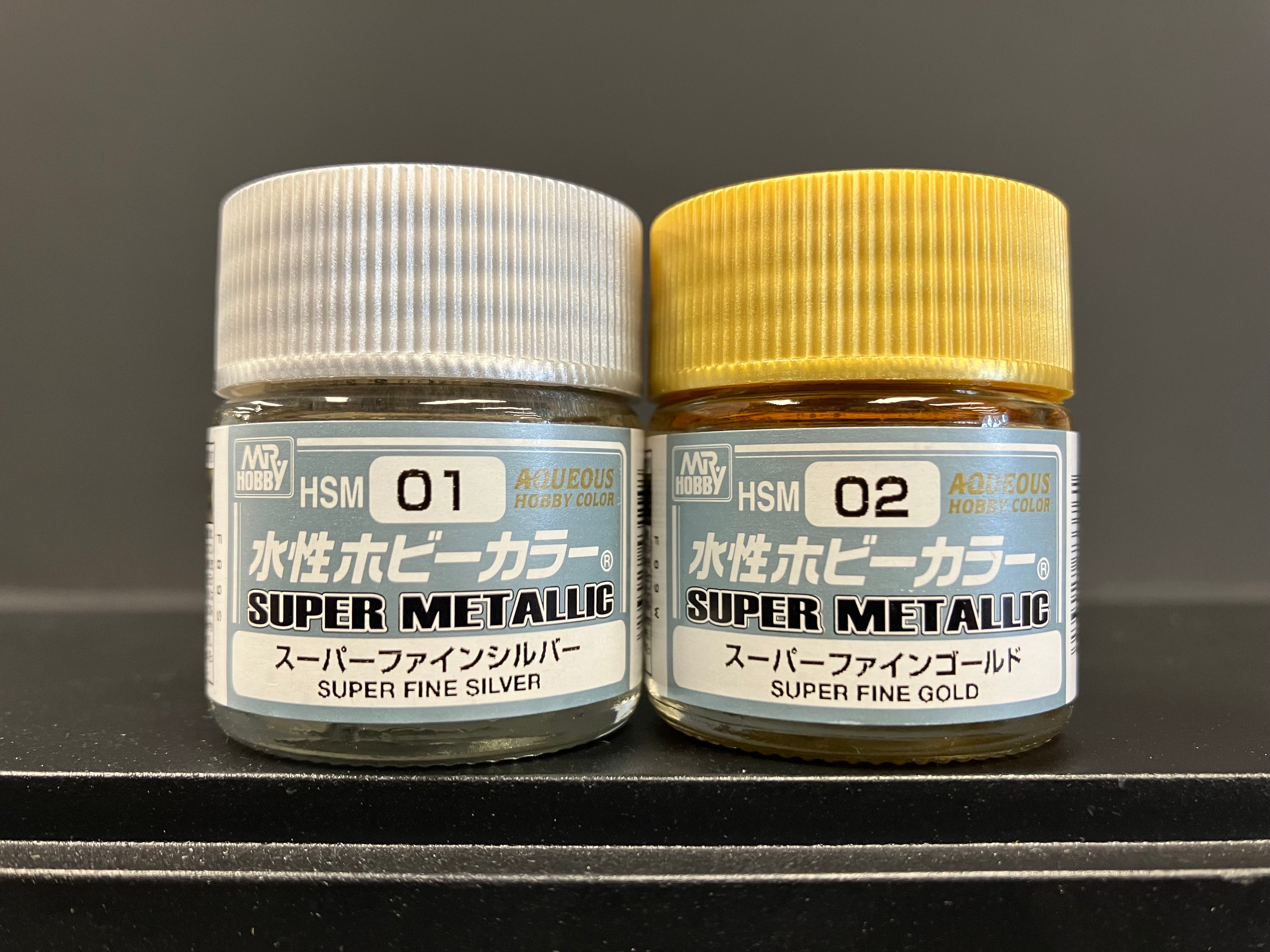 Aqueous Hobby Color: Super Metallic HSM 01 & HSM 02 水性超級金屬漆 ~ 超亮精細銀色 & 金色 (18 ml)